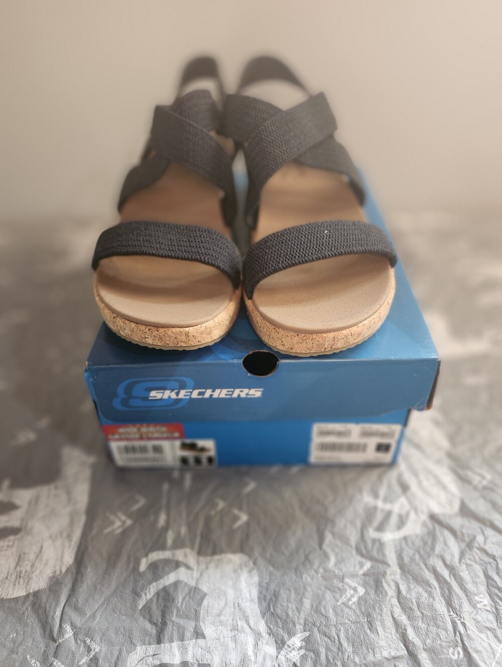 Skechers Women's Black Elastic Strap Cork Wedge Sandals
